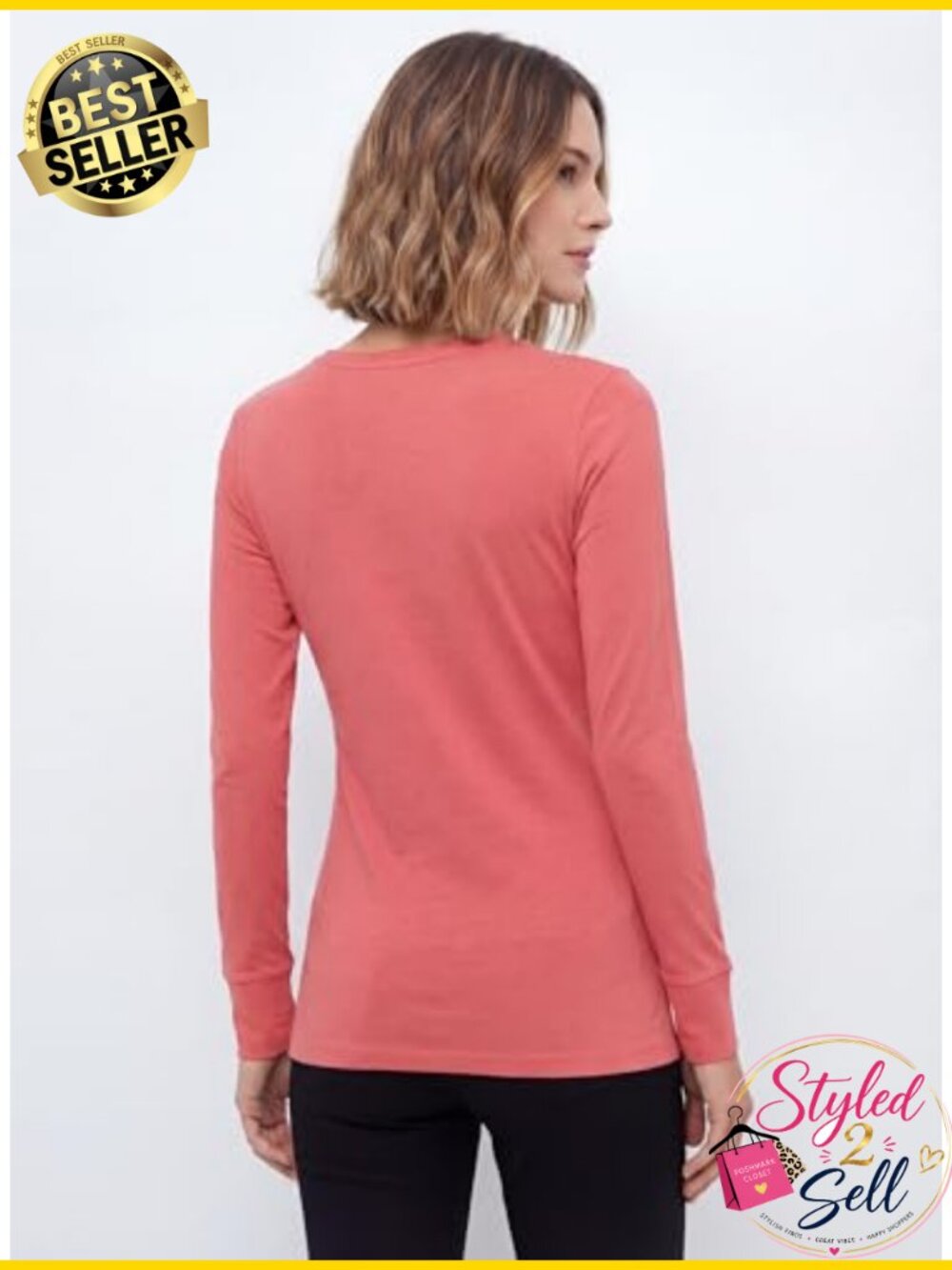 Women's Cotton Stretch Long Sleeve V-Neck T-Shirt 5 Pack - Picture 4 of 6